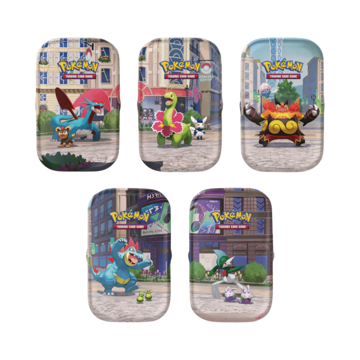 Lumiose City Tins. Five rectangular Pokémon Trading Card Game storage cases arranged in two rows on a white background. Each case features a different illustrated Pokémon character on the front, including Eevee, Mew, Mewtwo, Eevee, and a Charizard-themed design.