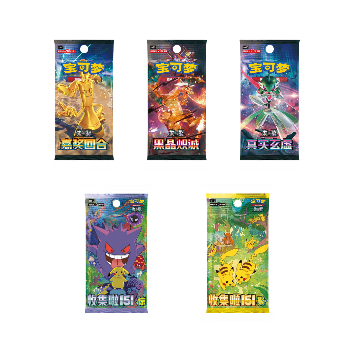 Five Pokémon booster packs arranged in two rows on a plain white background. The top row contains three packs featuring Charizard, Black Deoxyl, and Zinbat, while the bottom row contains two packs featuring Groudon and Pichip.