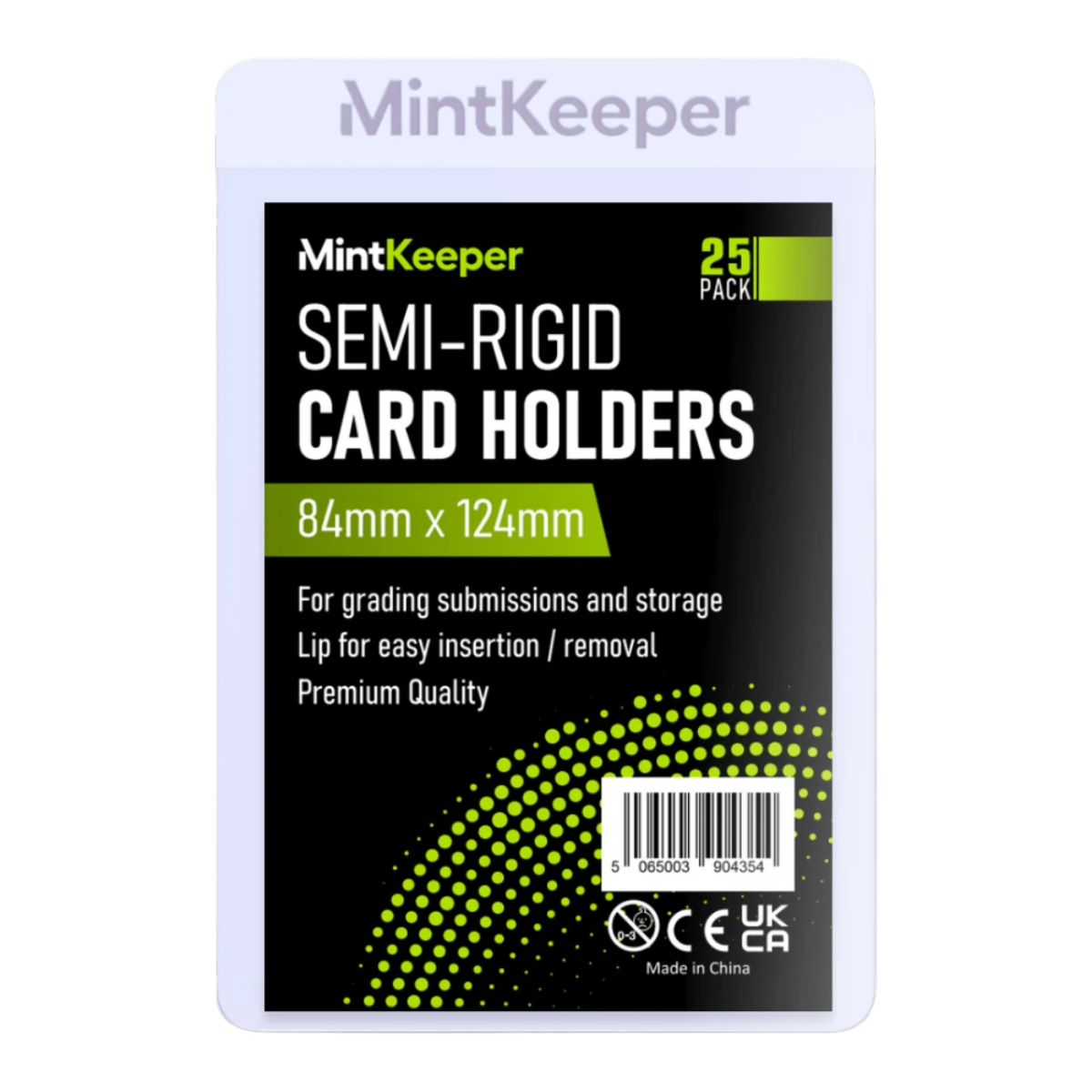 MintKeeper Semi-Rigid Card Holders 25-pack, 84mm x 124mm, in a white plastic sleeve with a black and green product label.