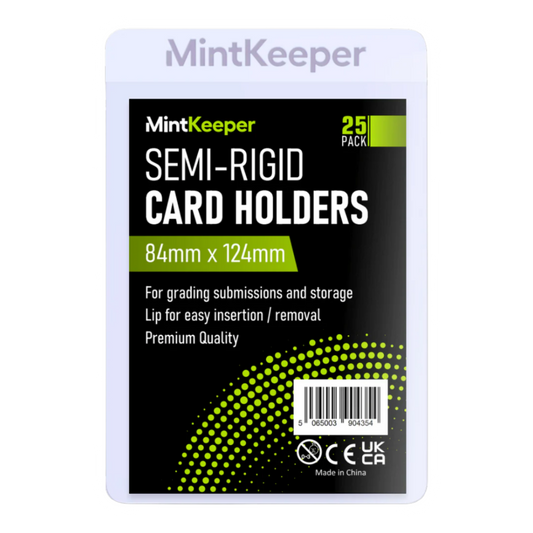MintKeeper Semi-Rigid Card Holders 25-pack, 84mm x 124mm, in a white plastic sleeve with a black and green product label.