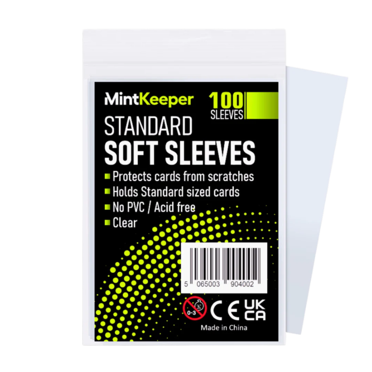 MintKeeper Standard Soft Sleeves pack of 100 clear sleeves, shown in its black and lime green retail packaging with a single clear sleeve partially visible behind it.