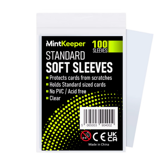 MintKeeper Standard Soft Sleeves pack of 100 clear sleeves, shown in its black and lime green retail packaging with a single clear sleeve partially visible behind it.