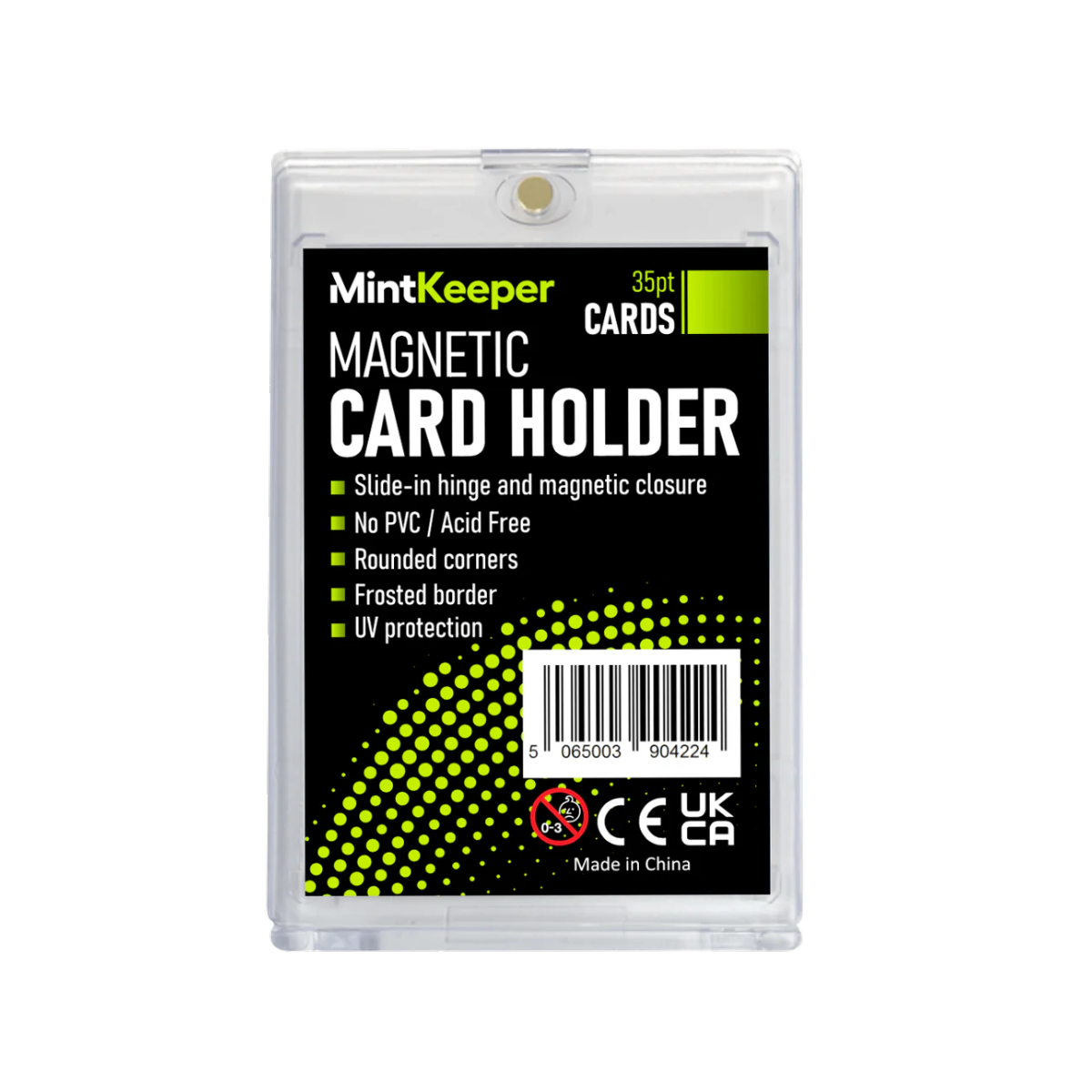 MintKeeper Magnetic Card Holder in a clear plastic sleeve, featuring a black and lime green label with product details and a barcode.
