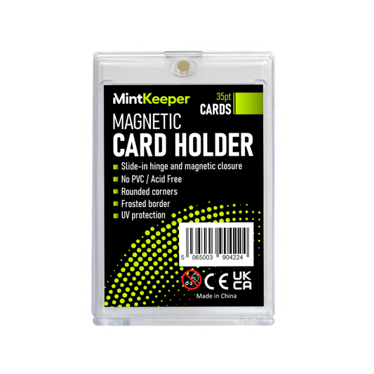 MintKeeper Magnetic Card Holder in a clear plastic sleeve, featuring a black and lime green label with product details and a barcode.