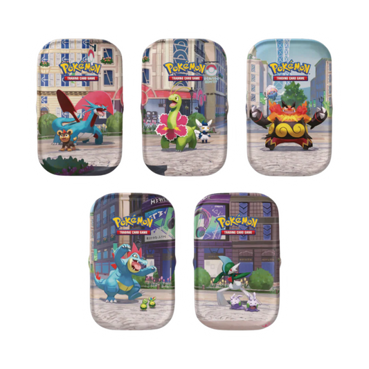 Lumiose City Tins. Five rectangular Pokémon Trading Card Game storage cases arranged in two rows on a white background. Each case features a different illustrated Pokémon character on the front, including Eevee, Mew, Mewtwo, Eevee, and a Charizard-themed design.
